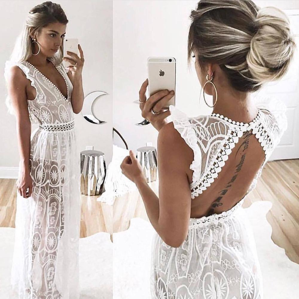 Semi Backless Lace Dress - White ...